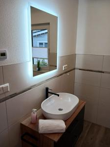 a bathroom with a sink and a mirror at Ferienhaus Seehuis, Sauna, angeln, familienfreundlich in Twist
