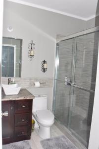 a bathroom with a shower and a toilet and a sink at Cozy and Secure Jacaranda Home in Spanish Town