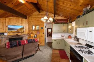 a kitchen with a couch and a fireplace in a cabin at Cozy Red Cabin - Nestled in a cozy neighborhood, short walk to Sugarloaf Park! Hot Tub! in Sugarloaf