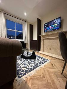 a living room with a couch and a tv and a rug at Beautiful Central London Apartment in London