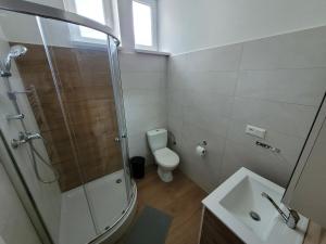a bathroom with a shower and a toilet and a sink at Apartman Tailor in Liptovský Mikuláš
