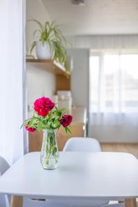 wazon z czerwonymi kwiatami na stole w obiekcie Manni's house with garden & playground w mieście Kuressaare