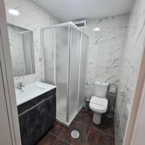 uma casa de banho com um chuveiro, um WC e um lavatório. em Casa de Férias_As Oliveiras I em Espinho