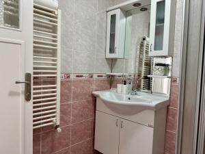 a bathroom with a sink and a mirror at Merkezi Konumda Klimalı Aile Dostu Daire in Istanbul