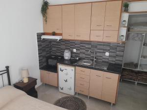 a small kitchen with a sink and a refrigerator at stegio in Parasporos +10 photos