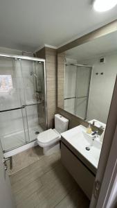 ein Bad mit einem WC, einer Dusche und einem Waschbecken in der Unterkunft Departamento entero, cerca Plaza Egaña, Estacionamiento gratis in Santiago