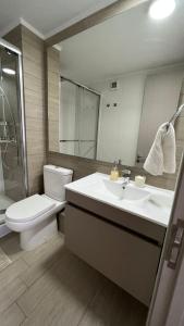 ein Badezimmer mit einem Waschbecken, einem WC und einem Spiegel in der Unterkunft Departamento entero, cerca Plaza Egaña, Estacionamiento gratis in Santiago