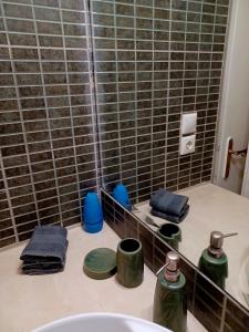 ヴァルキザにあるVarkiza Seaside Aptsのバスルーム(シンク、青いタオル付きのシャワー付)
