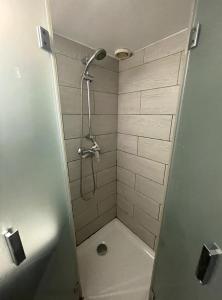 a bathroom with a shower with a shower head at Quiet Studio in a House in Sevrier Annecy Lake very close to the lake in Sévrier