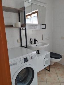 a bathroom with a washing machine and a sink at Haus Blumenampel in Schmalkalden