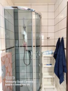 La salle de bains est pourvue d'une douche avec une porte en verre. dans l'établissement Pokoje u Rybaka, à Jastarnia