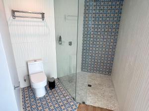 uma casa de banho com um WC e uma cabina de duche em vidro. em Viñedo Casa la Noria em El Porvenir