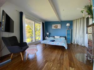 een slaapkamer met blauwe muren en een bed en een stoel bij Petite maison à l'orée des bois vue magnifique sur le lac zenitude et plénitude in Belmont-sur-Lausanne