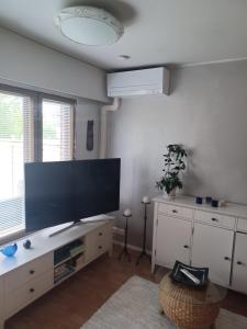 Una sala de estar con un televisor de pantalla plana grande. en Peltorinne 14, en Savonlinna