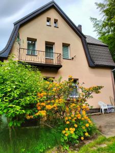 ein Haus mit einem Balkon und Blumen davor in der Unterkunft Willa Rozalia in Szklarska Poręba