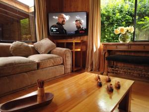 a living room with a couch and a flat screen tv at Cabaña Familiar Panguipulli in Panguipulli