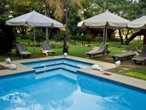 a swimming pool with two chairs and umbrellas at Gondwana Hakusembe River Lodge in Rundu