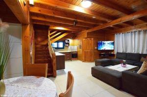 uma sala de estar com um sofá, uma televisão e uma cozinha em Villa Joe em Peqi‘in H̱adasha