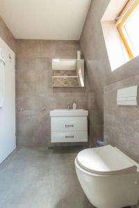 ein Badezimmer mit einem weißen WC und einem Waschbecken in der Unterkunft Flamingo Apartment in Pristina
