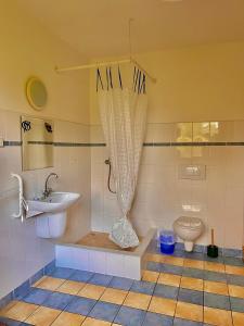 a bathroom with a sink and a toilet at Domek na końcu świata in Szymbark