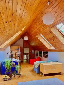 a living room with a wooden ceiling and a couch at Domek na końcu świata in Szymbark