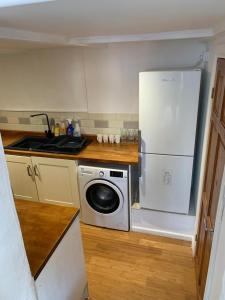 a kitchen with a white refrigerator and a washing machine at Beautiful studio apartment in Pembrokeshire
