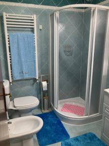 een badkamer met een douche, een toilet en een wastafel bij Casa da Corticeira in Caminha