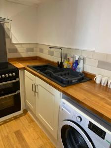 a kitchen with a sink and a washing machine at Beautiful studio apartment in Pembrokeshire