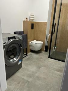 a bathroom with a washing machine and a toilet at Apartament Elle in Malbork