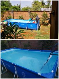 two pictures of a blue pool with a man standing next to it at DatzVilla Pantai Air Tawar Besut Terengganu in Kampung Raja