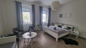 ein Schlafzimmer mit einem Bett und ein Wohnzimmer in der Unterkunft Apartmány Černý Tulipán 4 in Pilsen