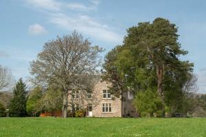 uma grande casa de pedra com árvores num campo em Feith Mhor Lodge em Carrbridge