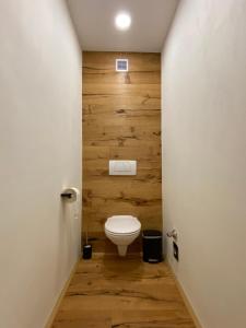フラタッハにあるMölltaler Gletscher Apartmentの木製の壁のバスルーム(トイレ付)