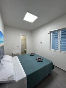 1 dormitorio con 1 cama con manta azul y ventana en Santorini 2.0, en San Pietro in Bevagna