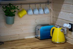 a pretend kitchen with a toaster and a toaster at WestfalowaChatka domek z jacuzzi in Sasino