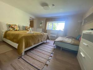 a bedroom with a bed and a window and a rug at Lilakő Apartman in Mátraszentimre