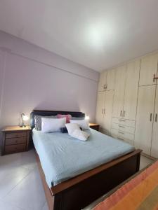 a bedroom with a large bed with white cabinets at Vlasis home in Nafpaktos