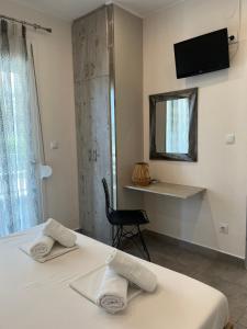 a bedroom with two beds and a desk and a television at House Kohili in Nea Vrasna