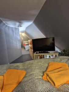 a bedroom with a bed with a flat screen tv at Flensburg Zentrum 10 HH 1OG ML in Flensburg