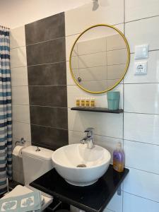 a bathroom with a sink and a mirror and a toilet at House Kohili in Nea Vrasna