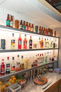 a kitchen counter with many bottles of alcohol on shelves at Mc Hotel Ica in Ica