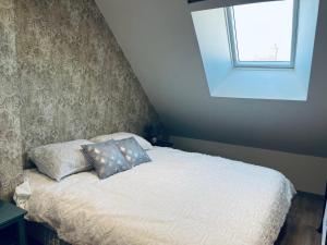 een slaapkamer met een bed met twee kussens erop bij Charmante maison à Blois - Terrasse privée - 8 pers in Blois