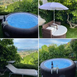 four different views of a pool with an umbrella and a table and a chair at The View in Sveta Nedelja