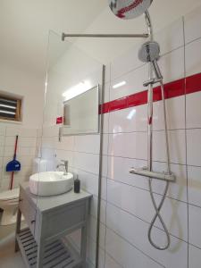 a bathroom with a sink and a shower at Natúr Komfort Apartmanok in Badacsonytördemic