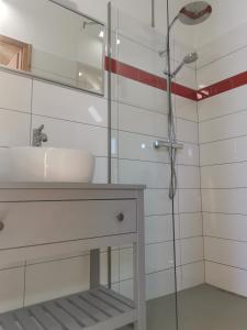 La salle de bains est pourvue d'un lavabo et d'une douche. dans l'établissement Natúr Komfort Apartmanok, à Badacsonytördemic