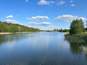 vistas a un río con árboles y nubes en el cielo en MAZURY LAKE RESORT en Wydminy