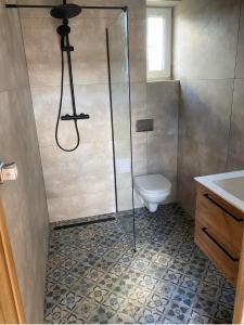 a bathroom with a shower and a toilet at MAZURY LAKE RESORT in Wydminy