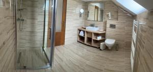 a bathroom with a shower and a sink and a toilet at BELLESTAY in Braşov