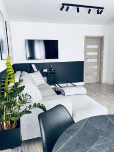 a living room with two couches and a tv at Apartamenty Żary in Żary