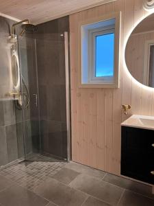 a bathroom with a shower and a sink and a mirror at Sea & Sky Vestfjord Panorama in Lødingen